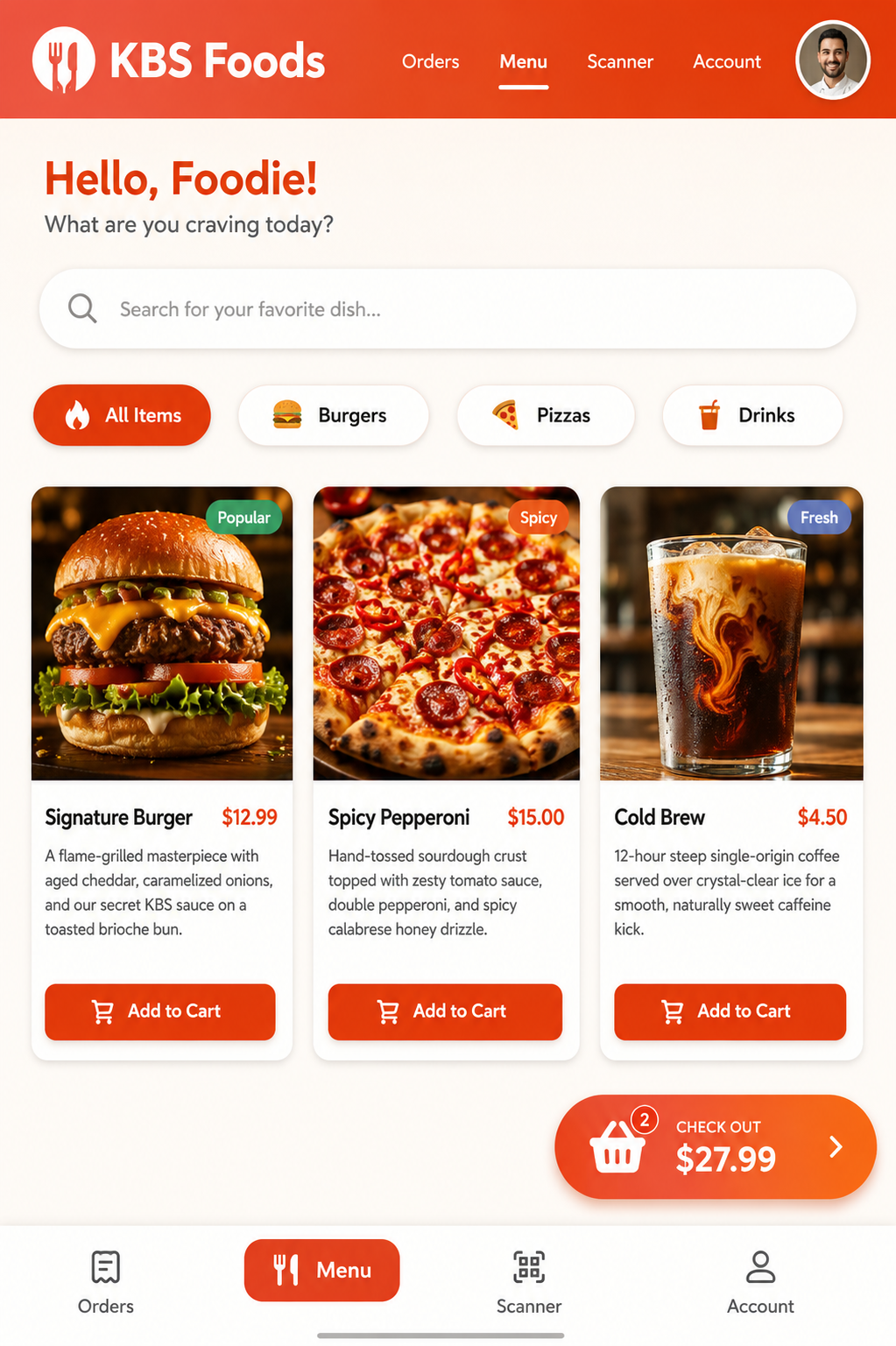 KBS Foods Menu Page - Product cards with images, search bar, category filters, and floating cart button